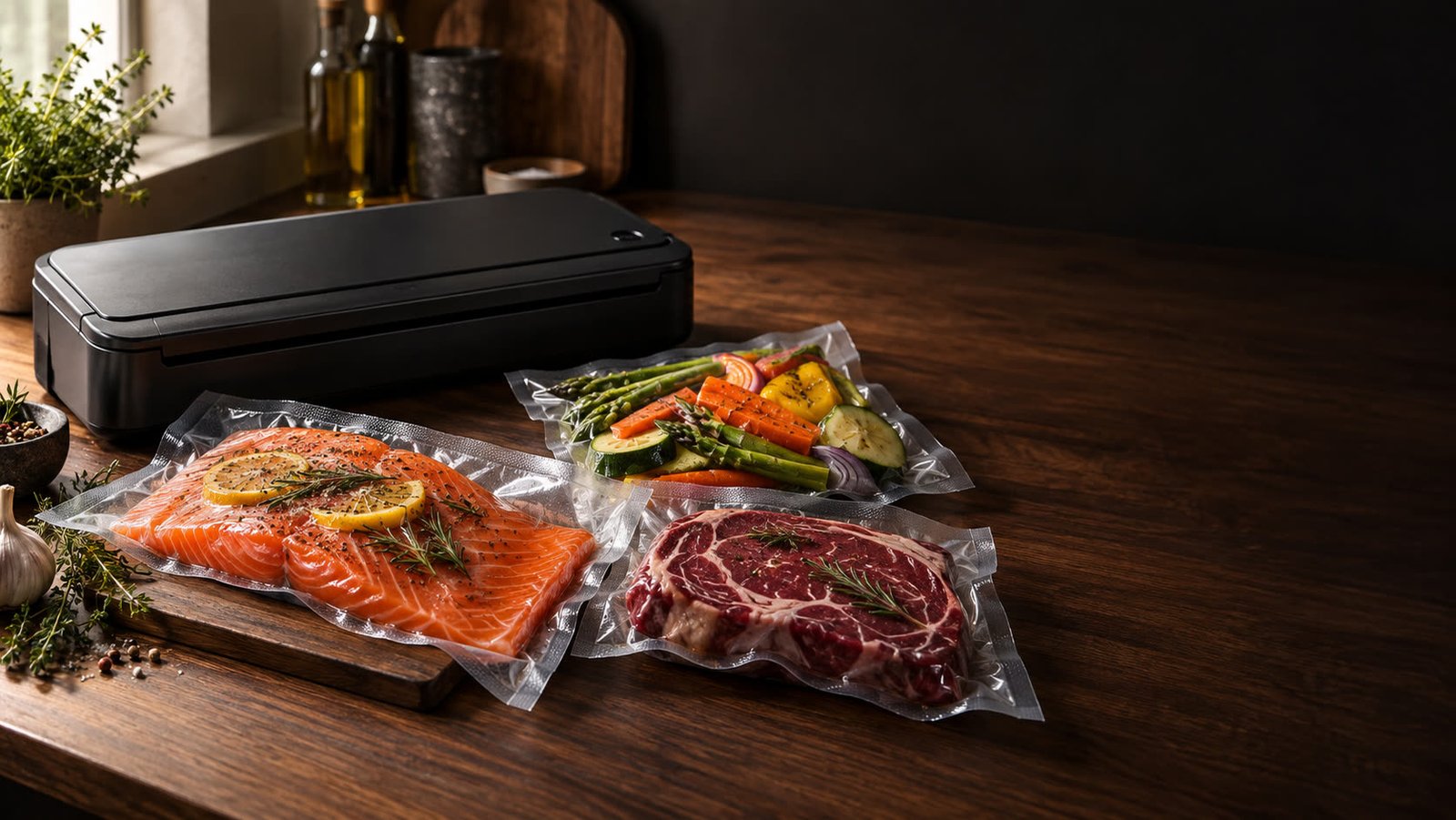 Envasadora al vacío sobre una mesa de madera junto a bolsas selladas con salmón, carne y verduras frescas