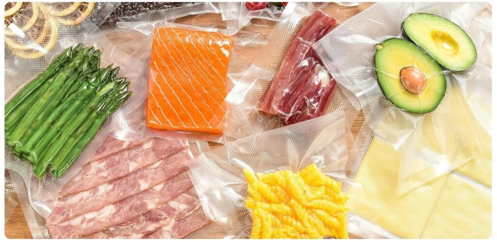 Alimentos frescos como salmón, espárragos, carne, aguacate y pasta sellados al vacío en bolsas transparentes.