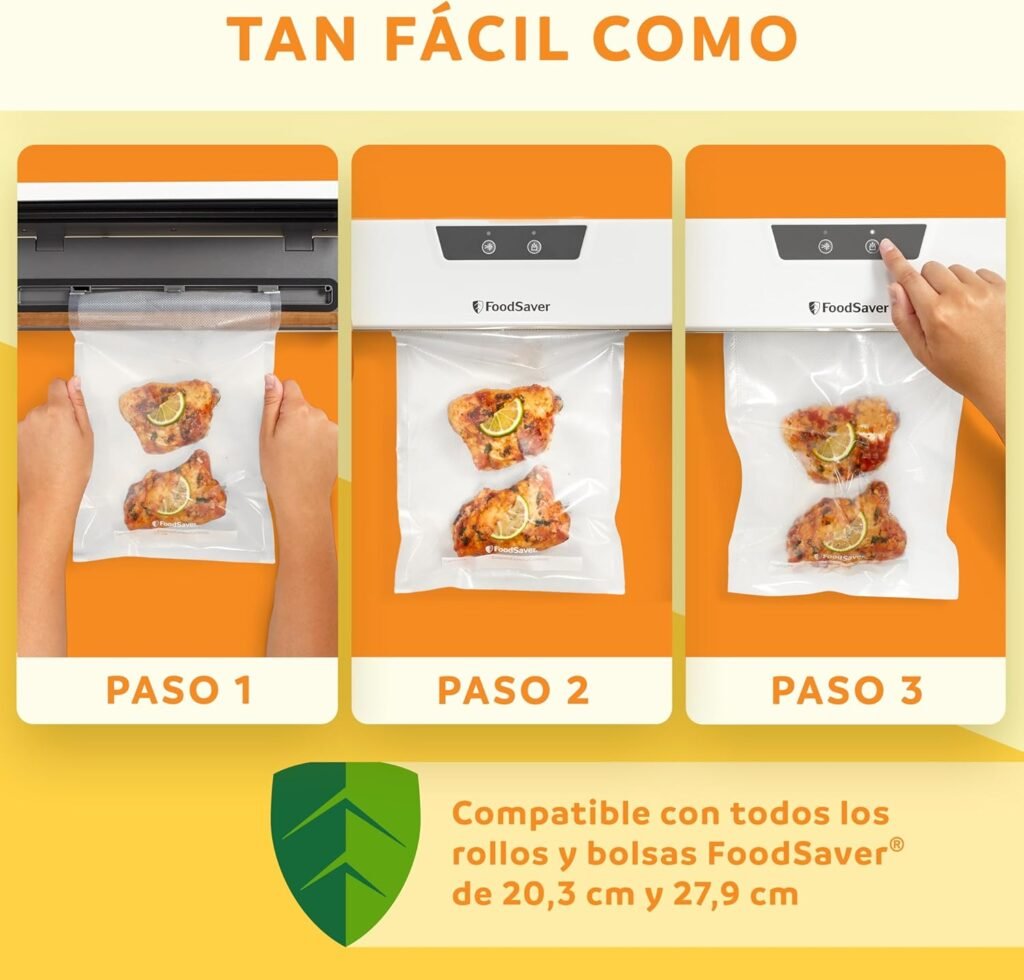 Pasos para sellar al vacío con FoodSaver, compatible con bolsas de 20,3 cm y 27,9 cm.