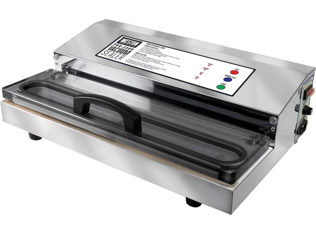 Envasadora industrial Weston Pro-2300 de acero inoxidable con panel de control y tapa transparente.