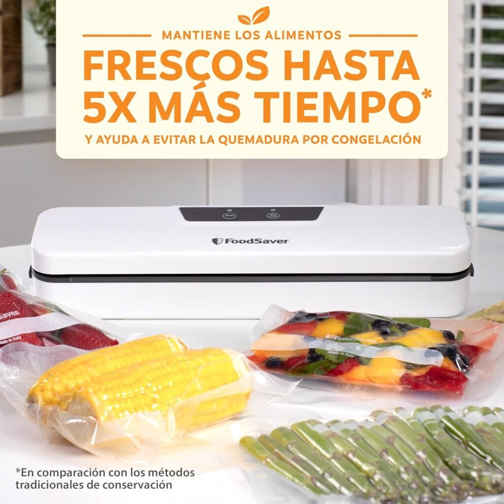 marinador envasadora la vacio foodsaver con vegetales frescos en bolsas y mensaje de conservación prolongada.